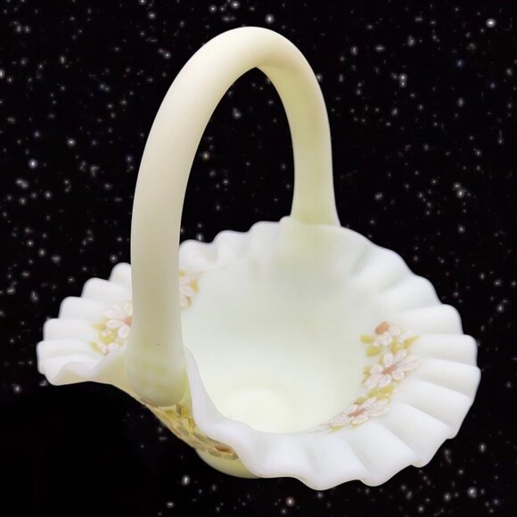 Fenton Basket Custard Uranium Glass Satin Textured Ruffled Signed J Brown Floral - Picture 12 of 14